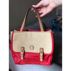 red and beige tory burch tote bag